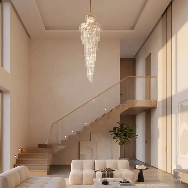 AuroraSpire™ Luxury Staircase & High-Ceiling Statement Chandelier Luminescense