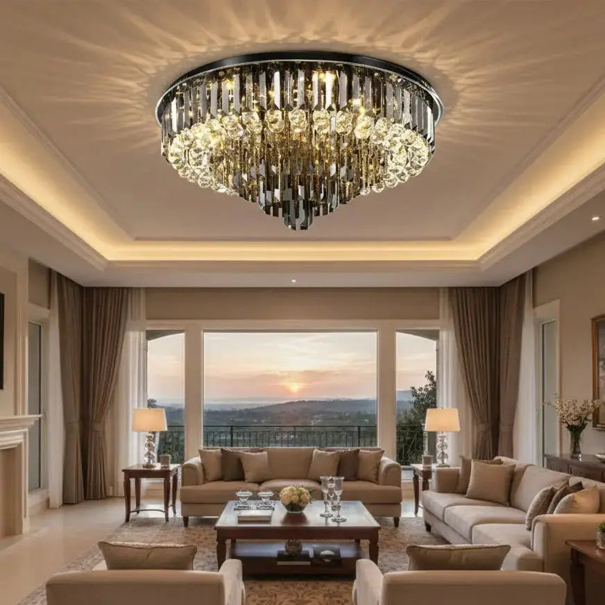 Seraphina Modern Round Crystal Chandelier – Luxury Smoky Grey & Polished Steel Ceiling Light Luminescense