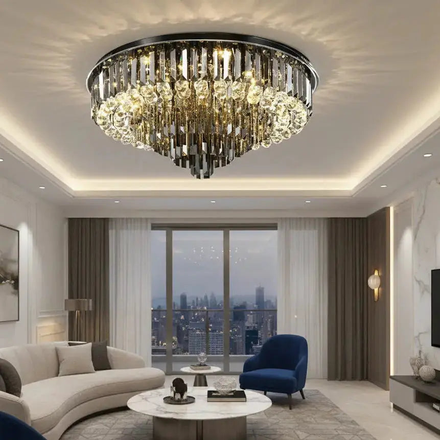 Seraphina Modern Round Crystal Chandelier – Luxury Smoky Grey & Polished Steel Ceiling Light Luminescense