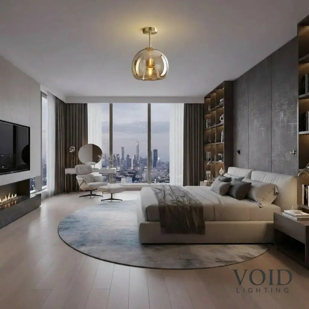 AuraDrop™ Modern Glass Ceiling Light – E27 Flush Mount with Cognac & Smoke Glass Luminescense