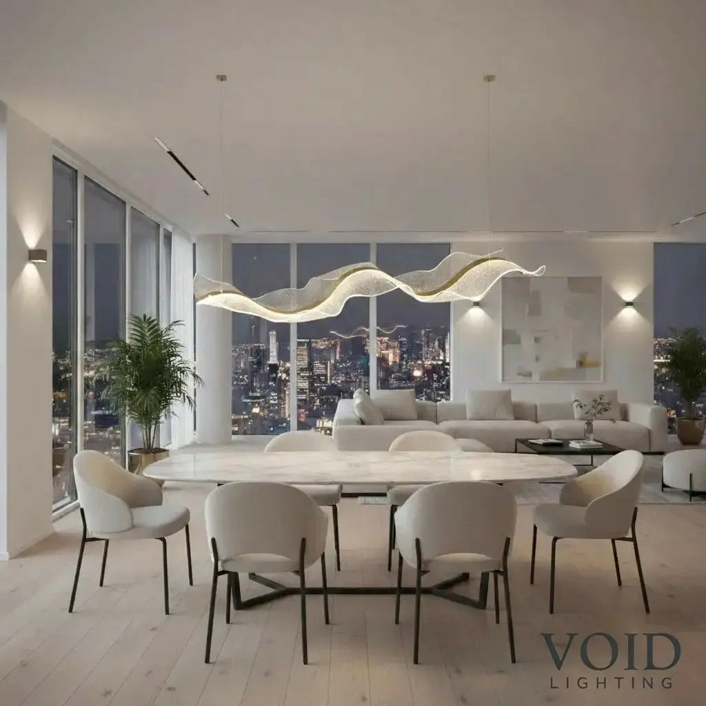The Vellum Flow: Sculptural Linear LED Pendant | Modern Abstract Gold Wave Chandelier for Dining & Kitchen Island Luminescense