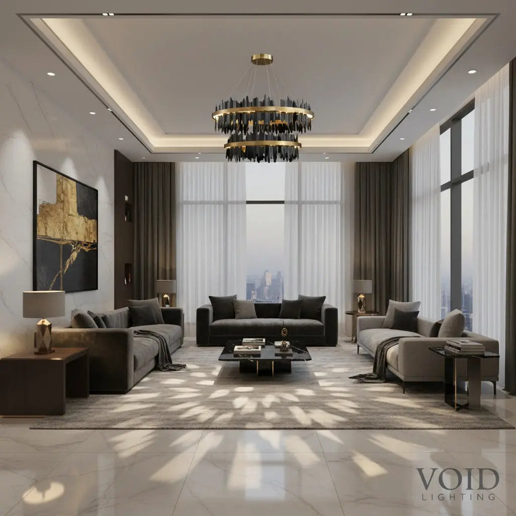 Stratos™ Modern Luxury Black Crystal Chandelier – K9 Smoky & Clear Glass LED Pendant Light Void Lighting