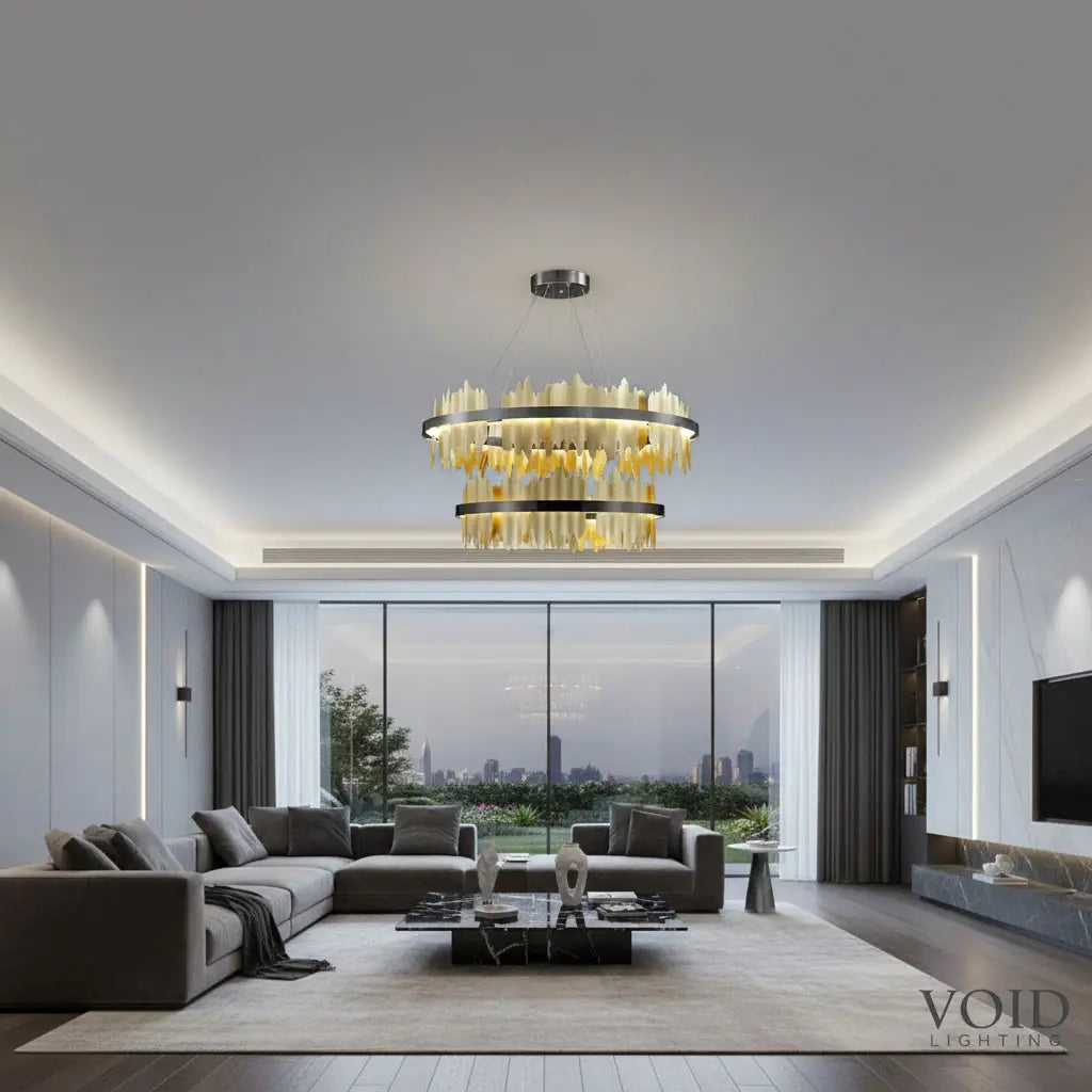 Stratos™ Modern Luxury Black Crystal Chandelier – K9 Smoky & Clear Glass LED Pendant Light Void Lighting