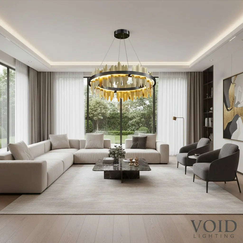 Stratos™ Modern Luxury Black Crystal Chandelier – K9 Smoky & Clear Glass LED Pendant Light Void Lighting