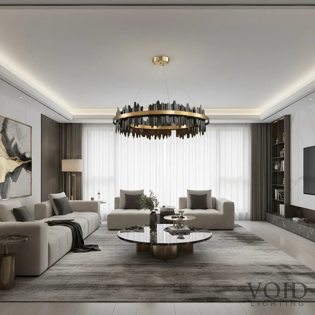Stratos™ Modern Luxury Black Crystal Chandelier – K9 Smoky & Clear Glass LED Pendant Light Void Lighting