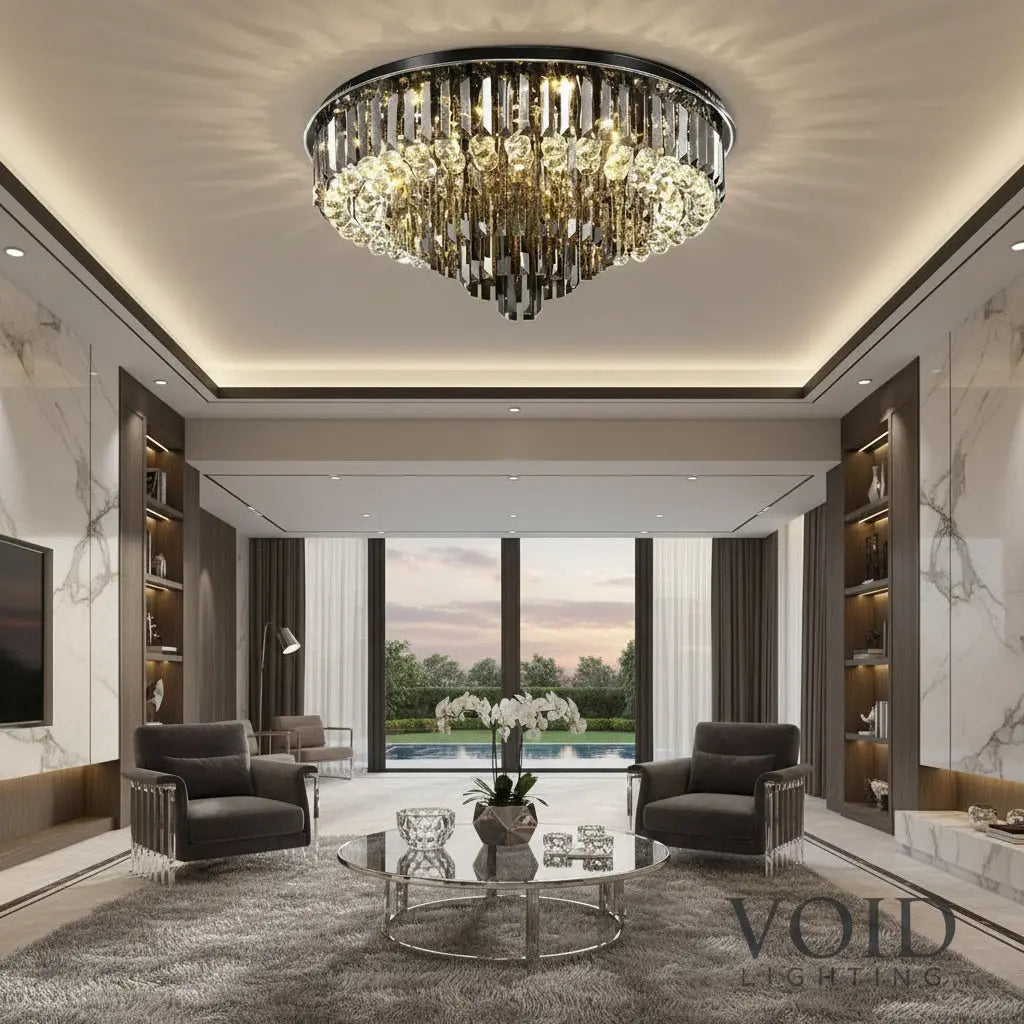 Lustre en cristal dans un salon de villa de luxe