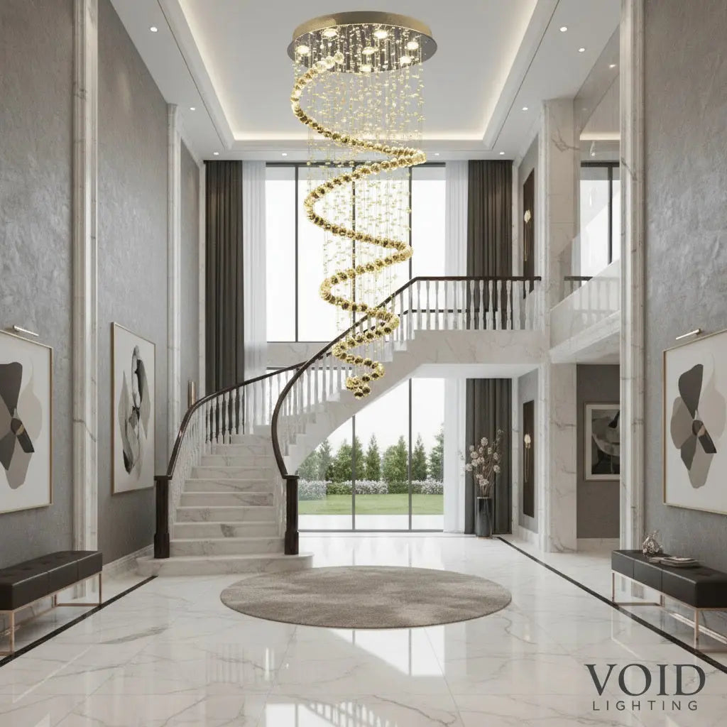 VoidHelix™ Grand Spiral Crystal Chandelier - Luxury Staircase & High Ceiling Lighting - VOID Lighting™ Luminescense