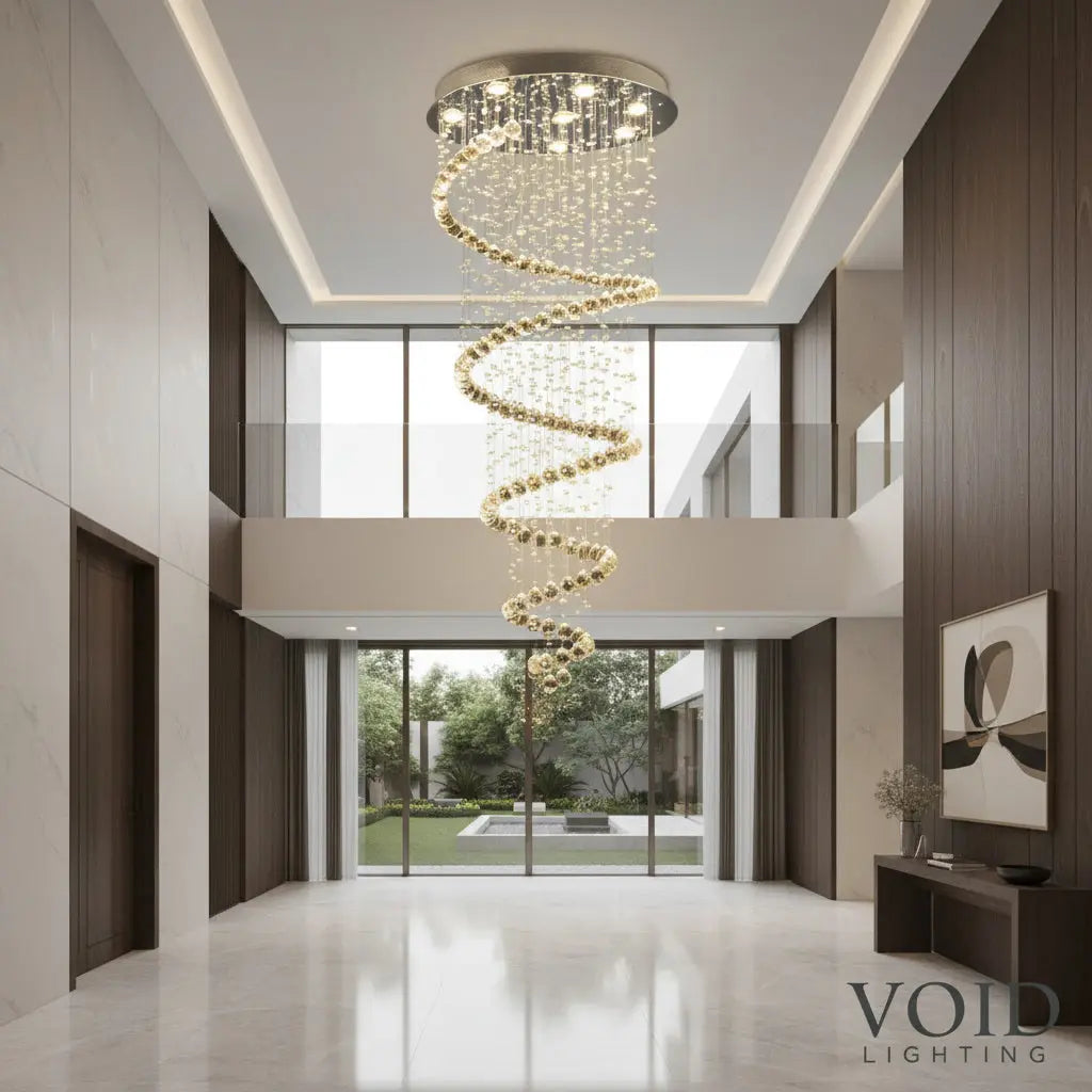 VoidHelix™ Grand Spiral Crystal Chandelier - Luxury Staircase & High Ceiling Lighting - VOID Lighting™ Luminescense