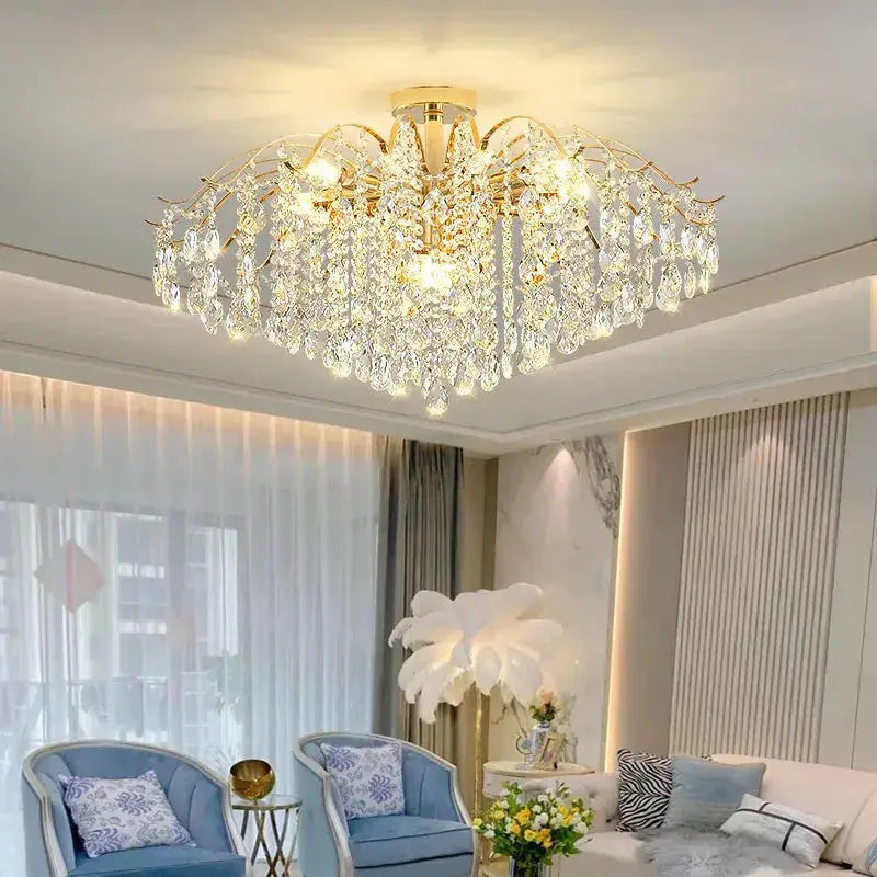 LumaBloom™ Crystal Flush Mount Chandelier – Luxury Semi-Flush Ceiling Light (Gold) Luminescense
