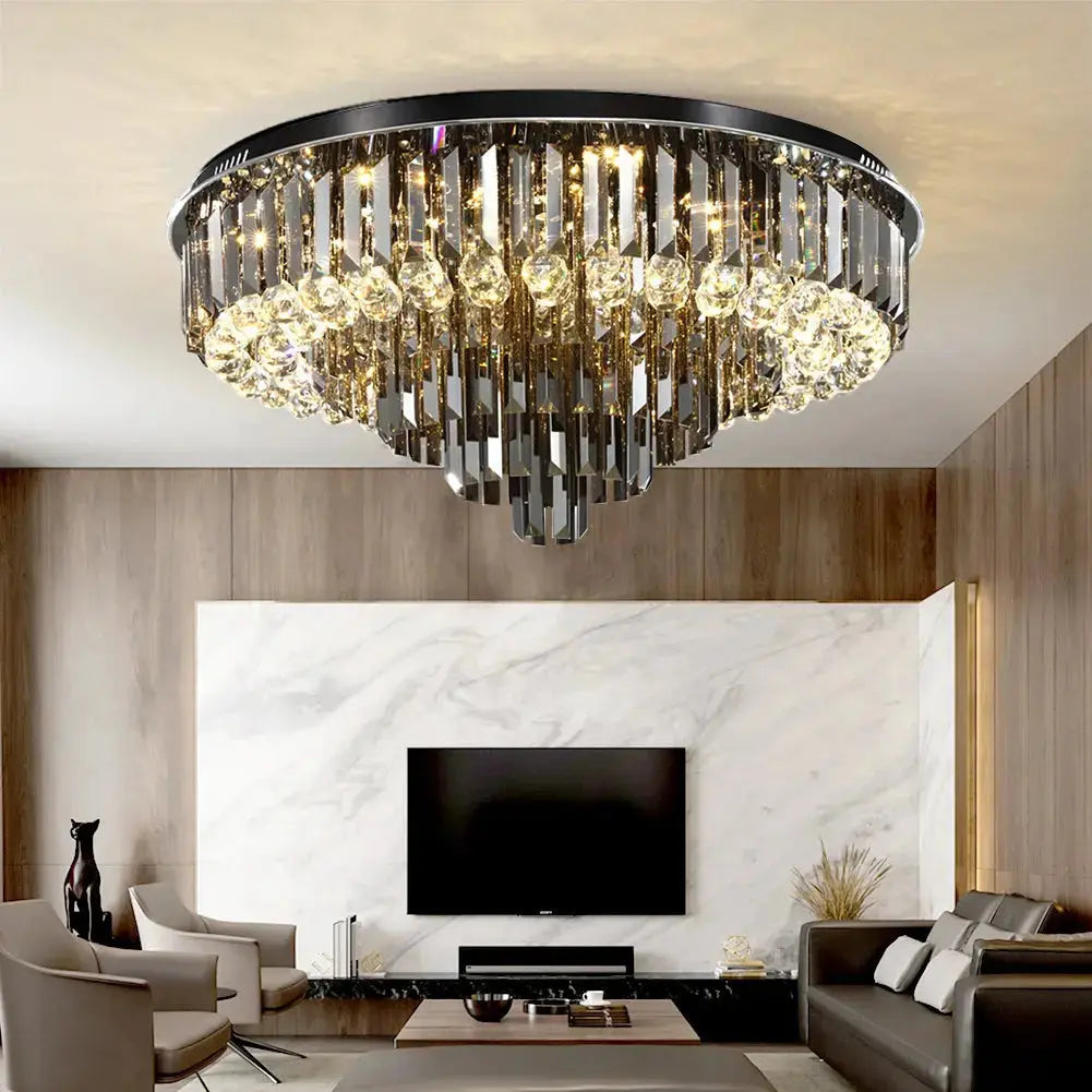Seraphina Modern Round Crystal Chandelier – Luxury Smoky Grey & Polished Steel Ceiling Light Luminescense