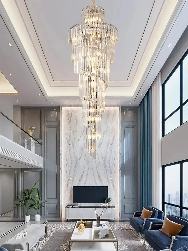 AuroraSpire™ Luxury Staircase & High-Ceiling Statement Chandelier Luminescense