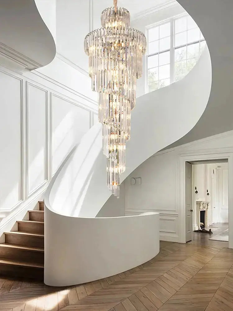 AuroraSpire™ Luxury Staircase & High-Ceiling Statement Chandelier Luminescense