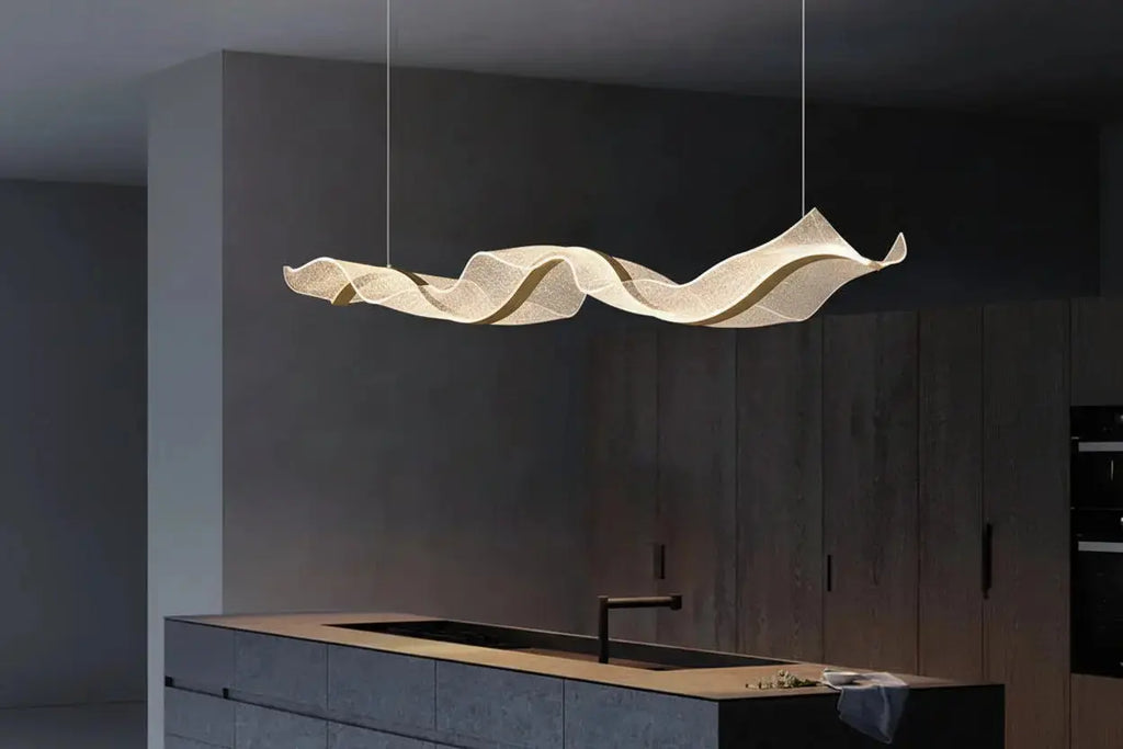 The Vellum Flow: Sculptural Linear LED Pendant | Modern Abstract Gold Wave Chandelier for Dining & Kitchen Island Luminescense