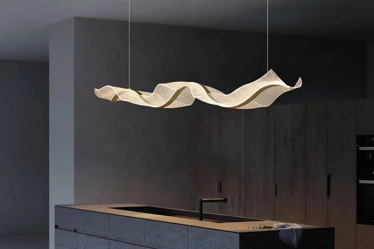 The Vellum Flow: Sculptural Linear LED Pendant | Modern Abstract Gold Wave Chandelier for Dining & Kitchen Island Luminescense