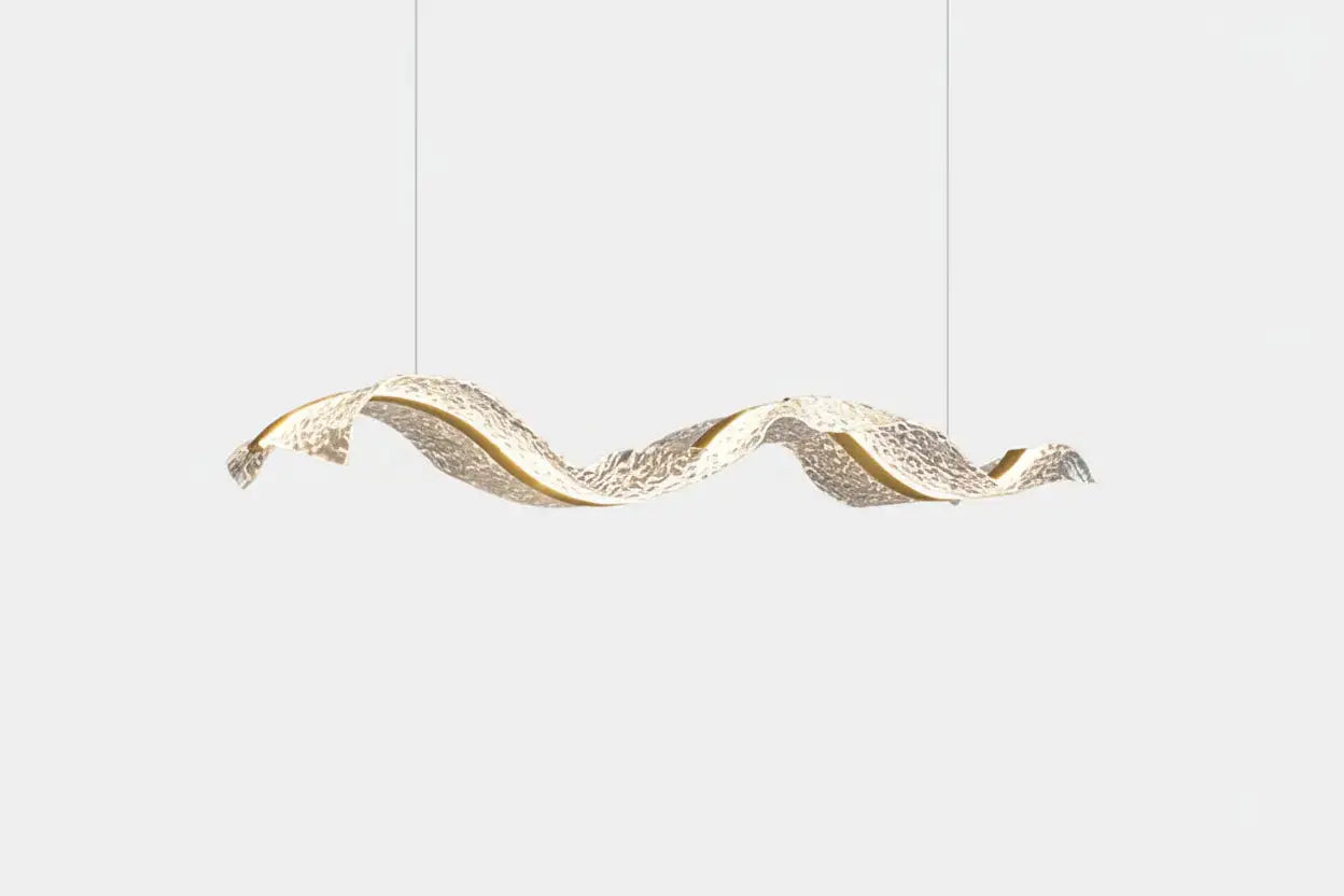 The Vellum Flow: Sculptural Linear LED Pendant | Modern Abstract Gold Wave Chandelier for Dining & Kitchen Island Luminescense