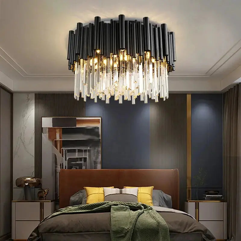 Noctyra™ Black Crystal Ceiling Chandelier – Modern Luxury Flush Mount Light Luminescense