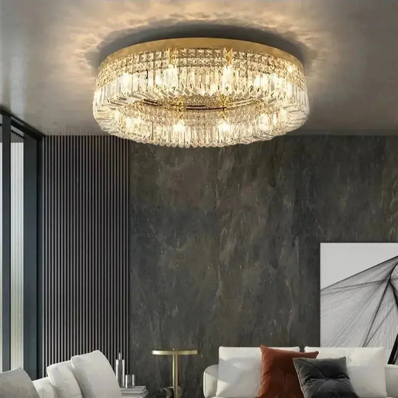 AuroraCrest™ Luxury Crystal Ceiling Light – Gold & Chrome Flush Mount LED Chandelier Luminescense