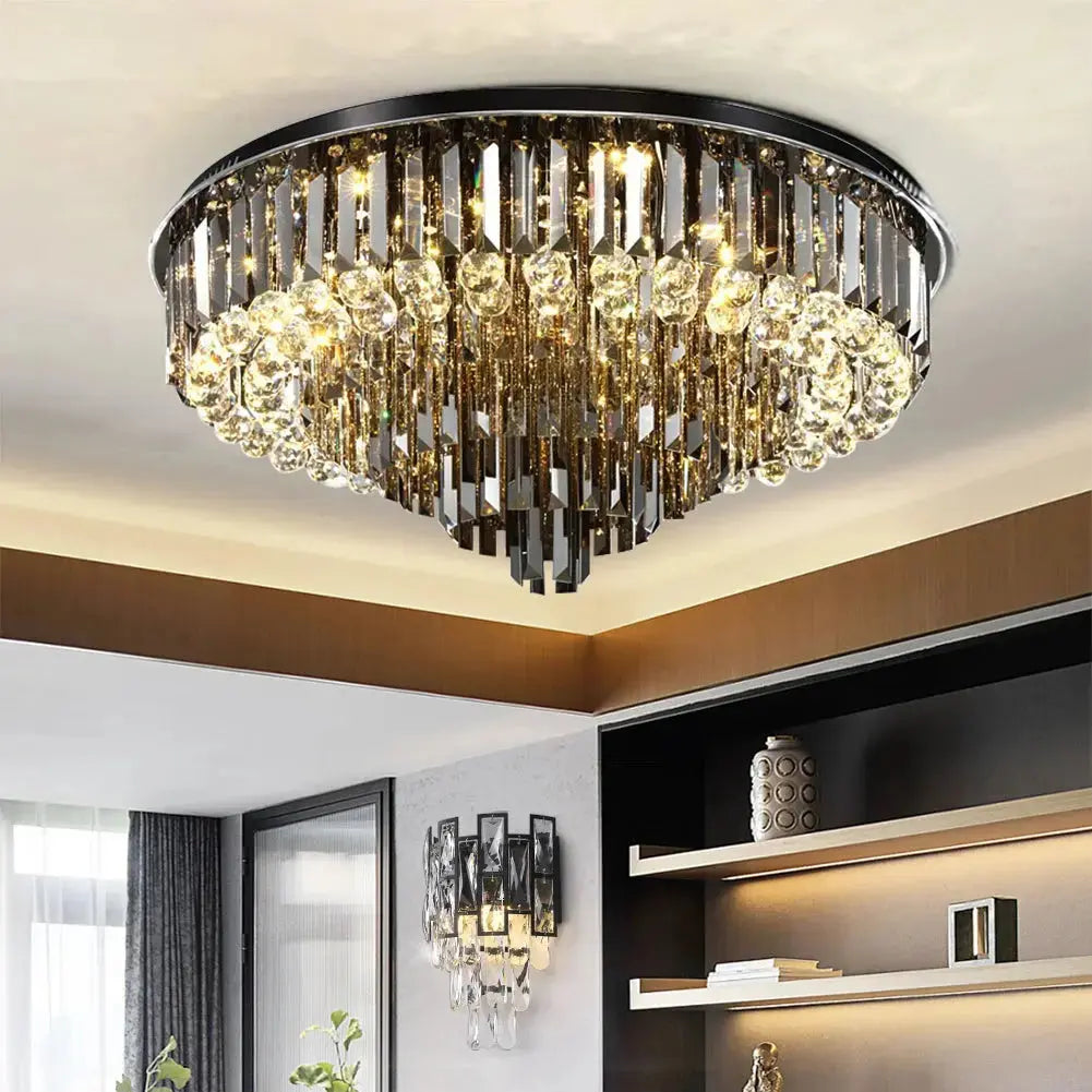 Seraphina Modern Round Crystal Chandelier – Luxury Smoky Grey & Polished Steel Ceiling Light Luminescense